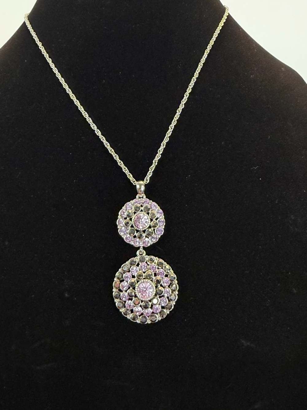 Silver-Tone Necklace with Pink Crystal Double Disc Pendant